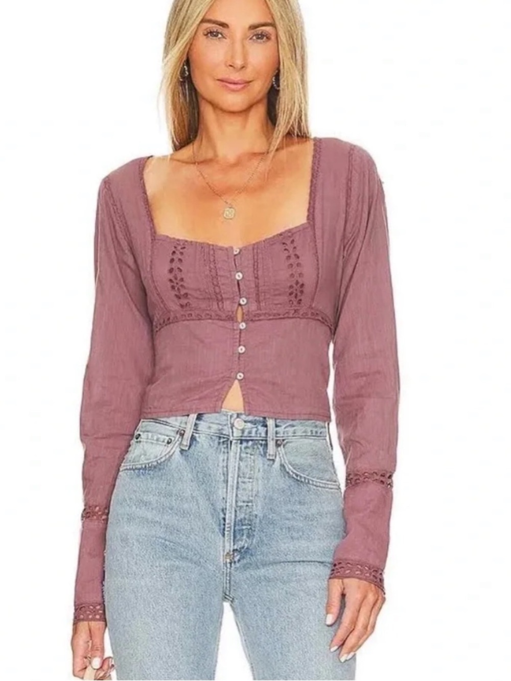Free People Mauve Lace-Trim Square Neck Button Blouse We The Free Embroidery